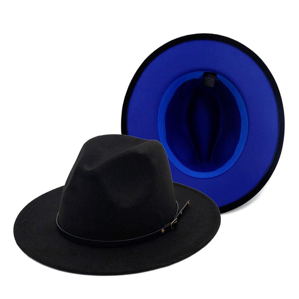 9536 Wide Brim Fedora Felt Panama Hat with Belt Buckle - Black&Royal Blue
